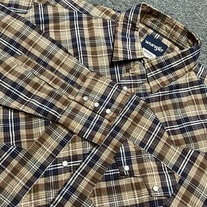 Wrangler Plaid Western Pearl Snap Shirt‎ Men's XL Brown Tan Blue Long Sleeve